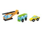 Orange toy helicopter, green toy bus, and yellow toy taxi with black wheels.