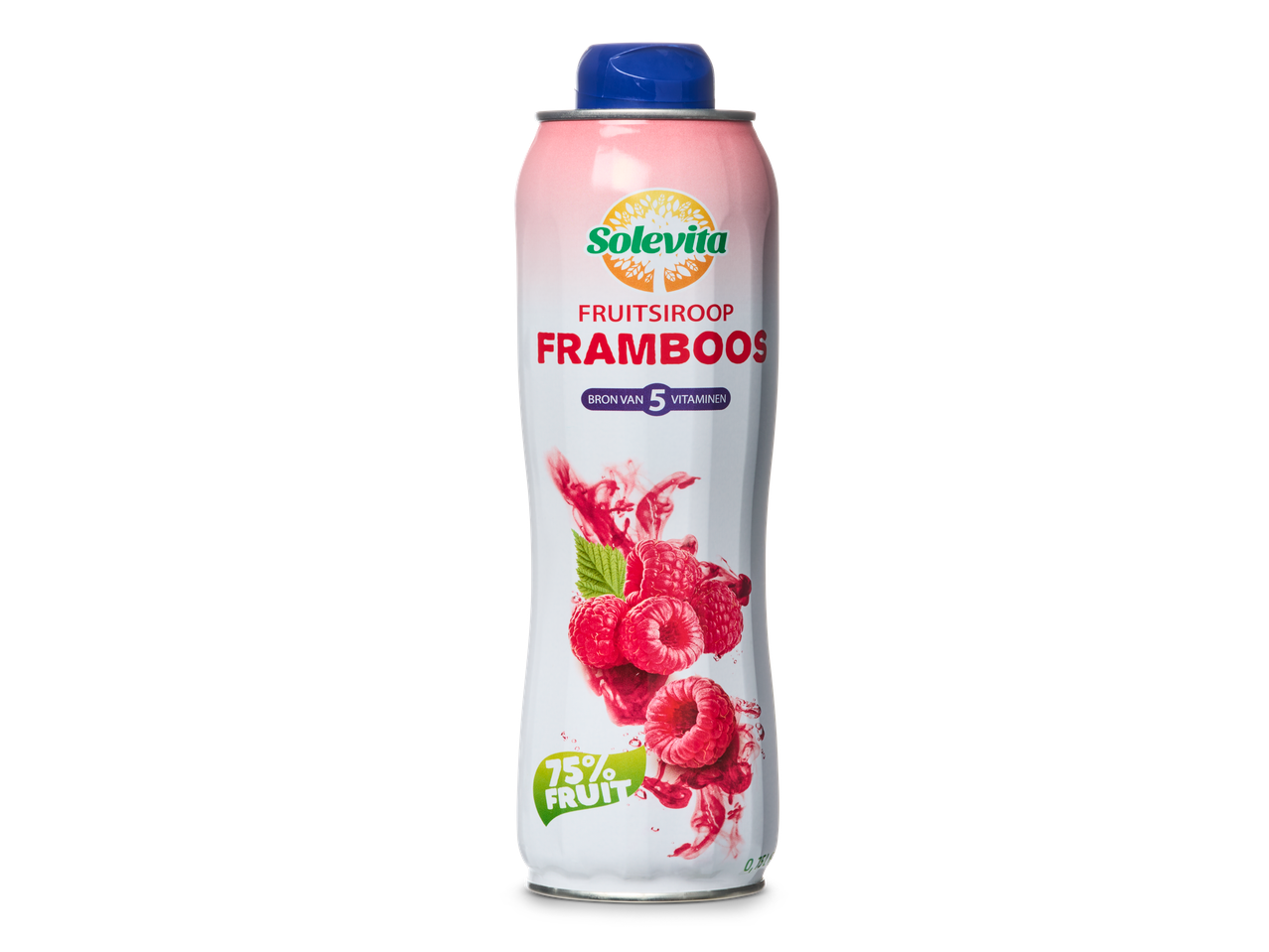 Solevita frambozensiroop: 75% fruit, 5 vitaminen.