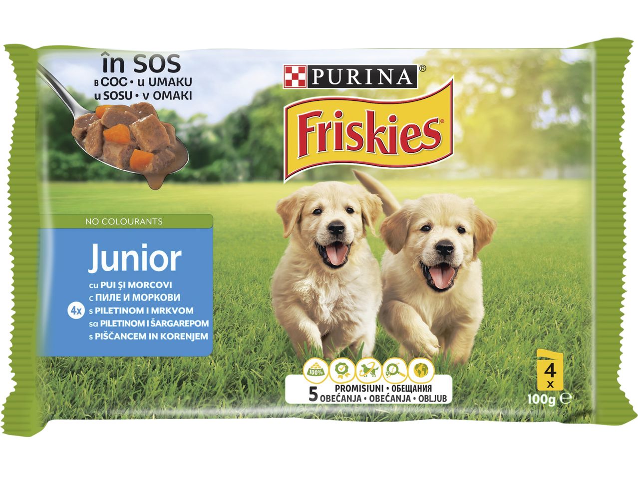 Опаковка Friskies Junior с пиле и моркови в сос за кученца.