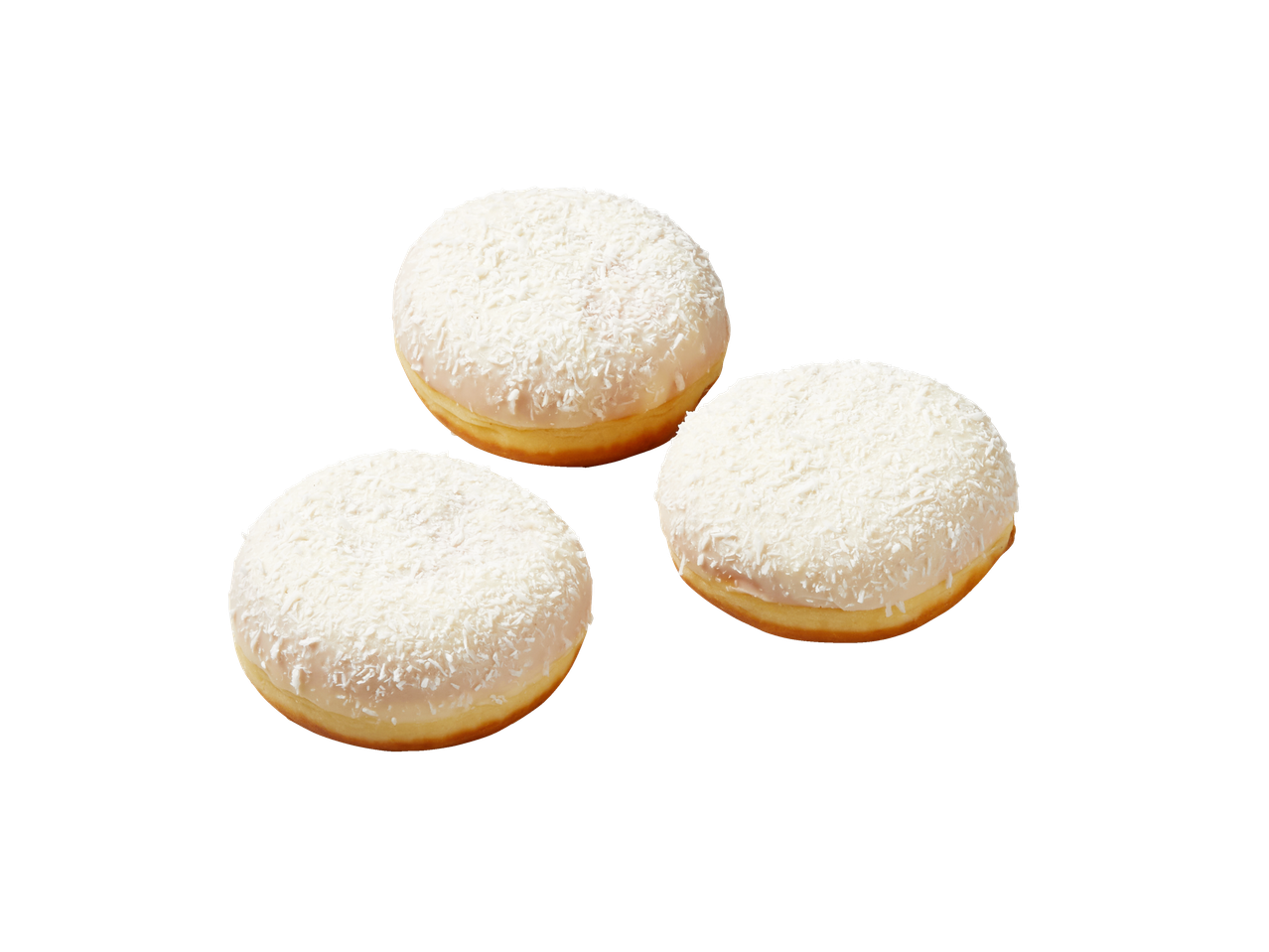 Drie donuts met witte glazuur en kokosrasp.