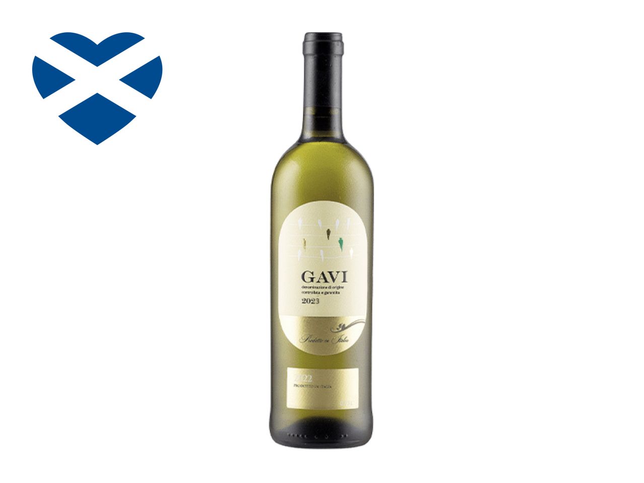 A bottle of Gavi white wine next to a heart-shaped Scottish flag.
