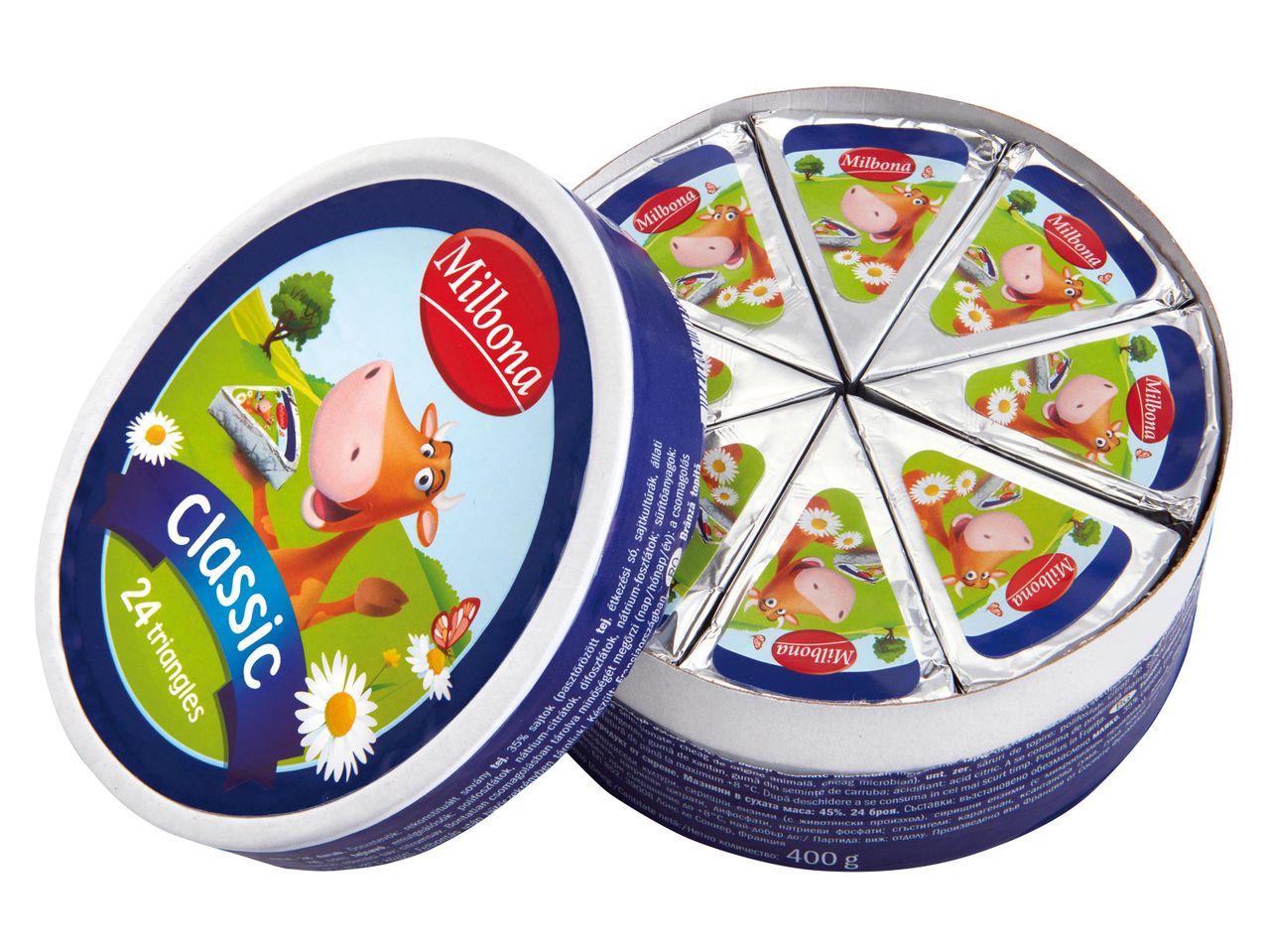Milbona Classic háromszög sajt, 24 darabos kiszerelésben, tehén illusztrációval.