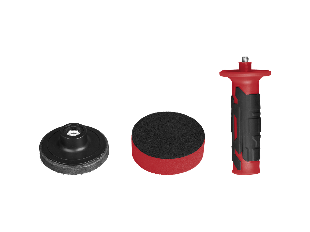 Pulēšanas piederumi: melns pulēšanas paliktnis, sarkans paliktnis un ergonomisks rokturis.