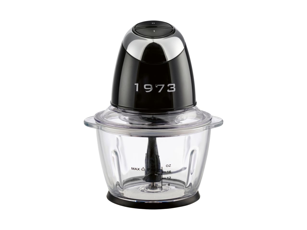 A black and silver food chopper with a clear glass bowl and a black base.