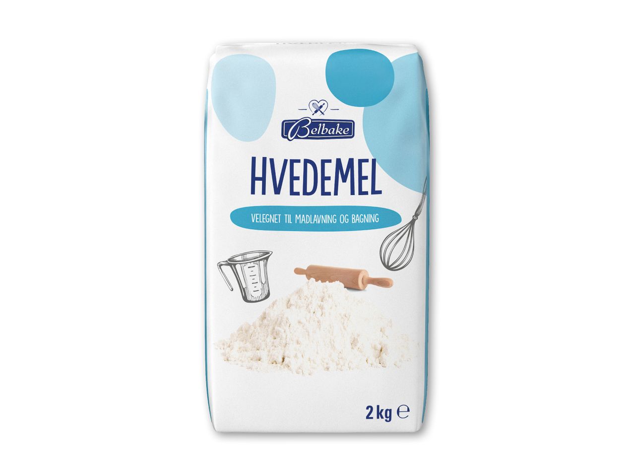 En pose hvedemel med bageudstyr og teksten 'VELEGNET TIL MADLAVNING OG BAGNING'.