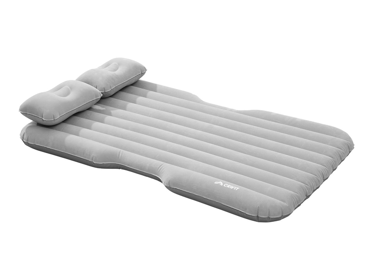 Grey inflatable car air mattress with two integrated pillows, designed for travel and camping.