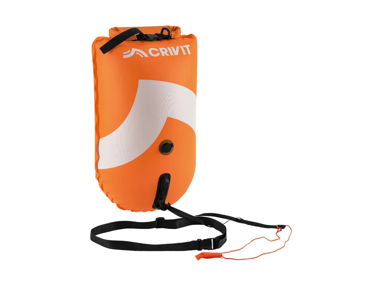 Orange swimming buoy with a white stripe, black straps, and an orange whistle.