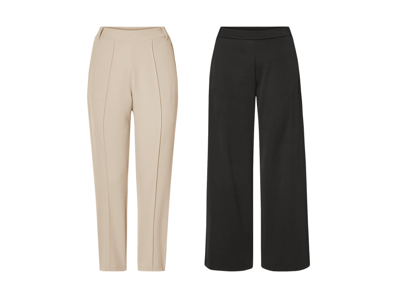 Zwei Hosen, eine beige und eine schwarze, auf schwarzem Hintergrund.