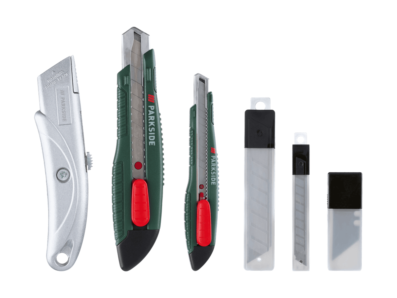 Set di taglierini di diverse dimensioni con lame di ricambio in contenitori trasparenti.