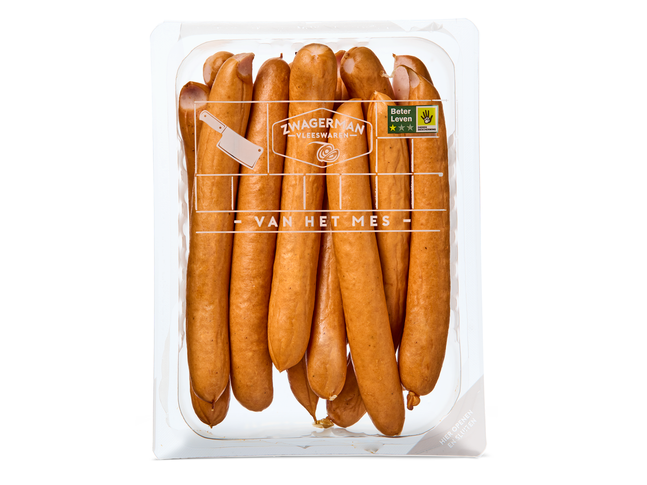 Verpakking met worsten, met een label dat 'Beter Leven' en 'Van het mes' aangeeft.