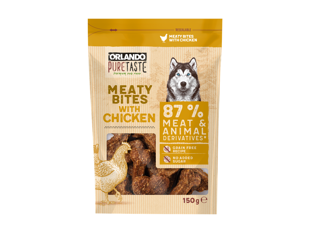 Orlando Pure Taste hondensnacks met kip, 150g, 87% vlees, graanvrij en zonder toegevoegde suiker.