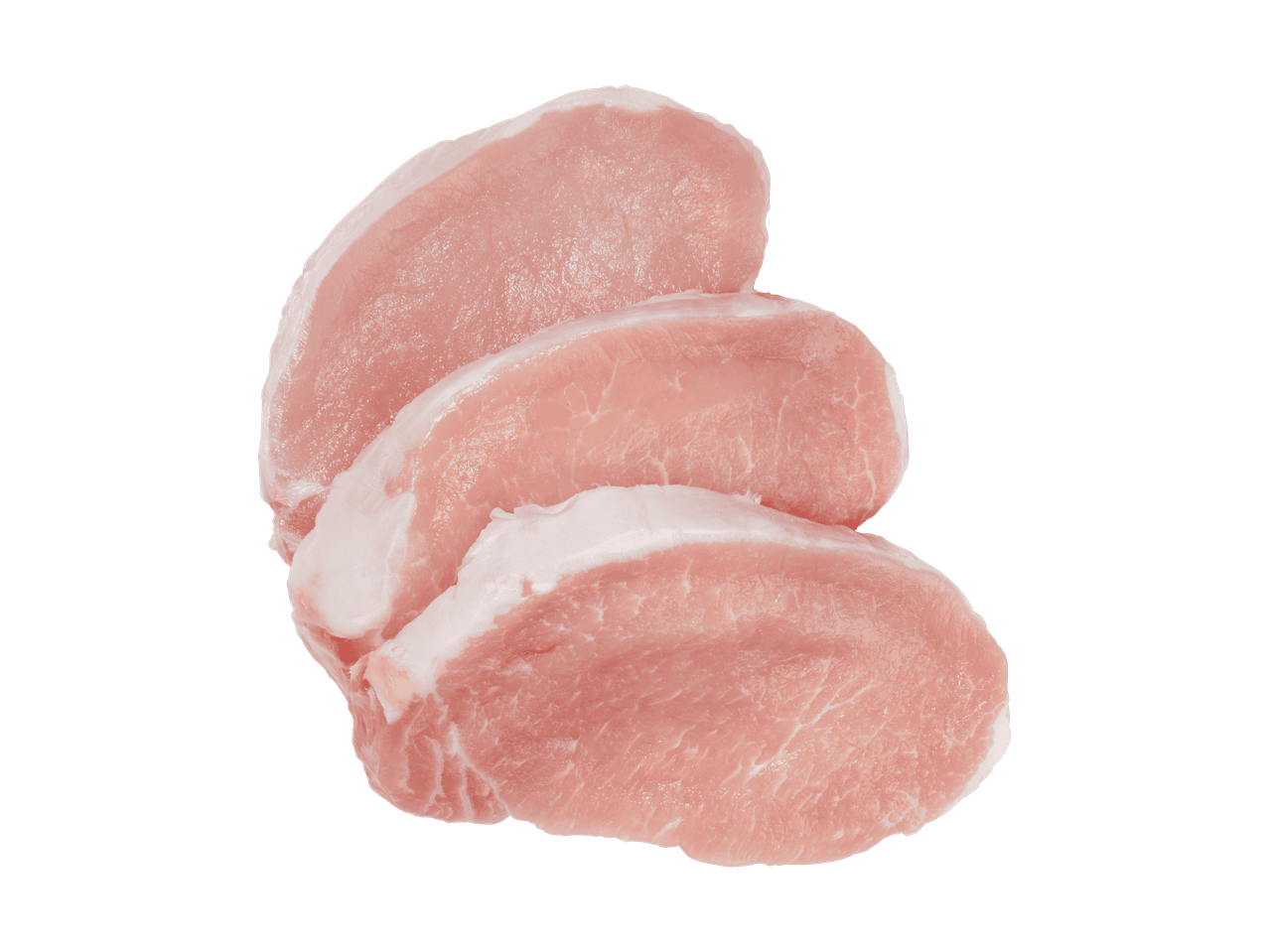 Drei rohe Schweinefleischscheiben auf schwarzem Hintergrund.