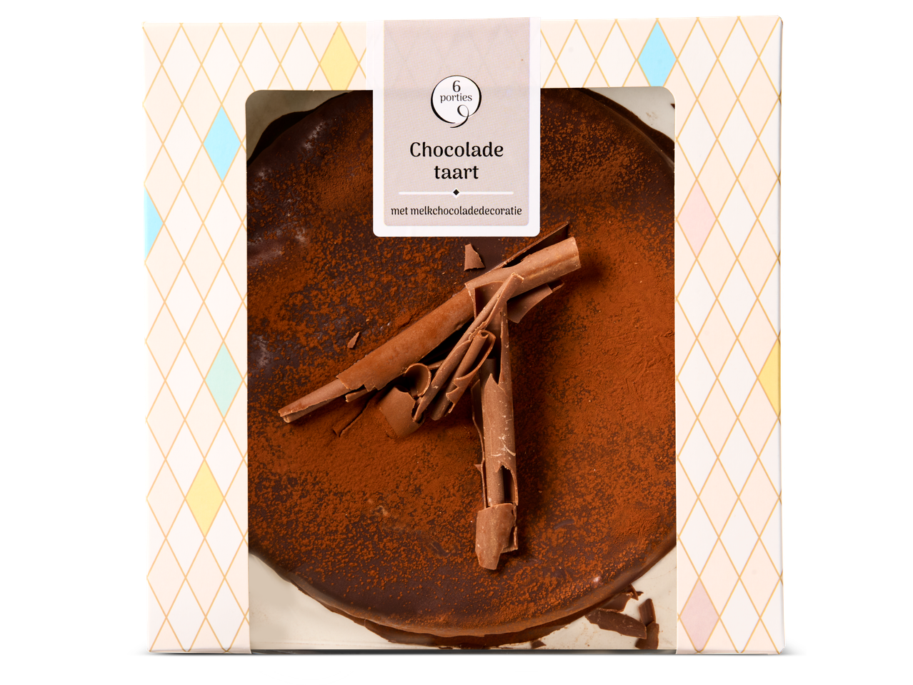 Een chocoladetaart van 6 porties van 6 porties, versierd met melkchocoladeschilfers en cacaopoeder, wordt gepresenteerd in een pastelkleurige doos.