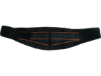 Black back support belt with orange accents.