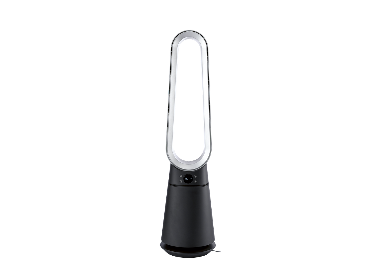 Black and silver bladeless tower fan with a digital display showing '020' and control buttons.