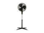 A black pedestal fan with a gray fan blade.