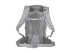 Rückseite eines grauen Wanderrucksacks mit gepolsterten Gurten.