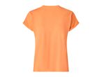 Back view of a plain orange women's t-shirt with rolled-up sleeves.