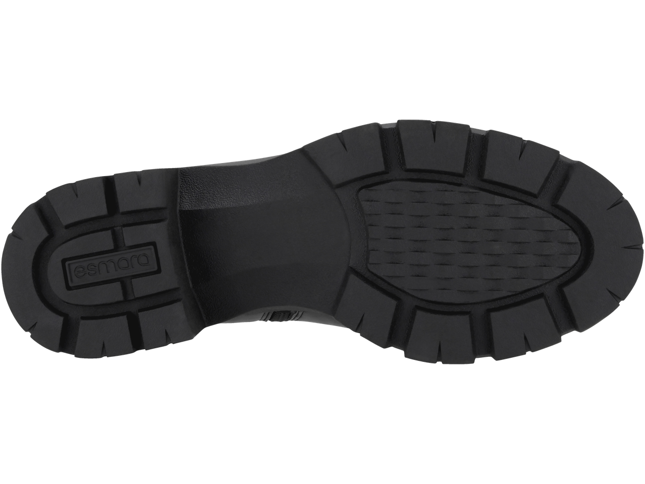 Sola preta das botins Esmara com padrão de piso e logótipo.
