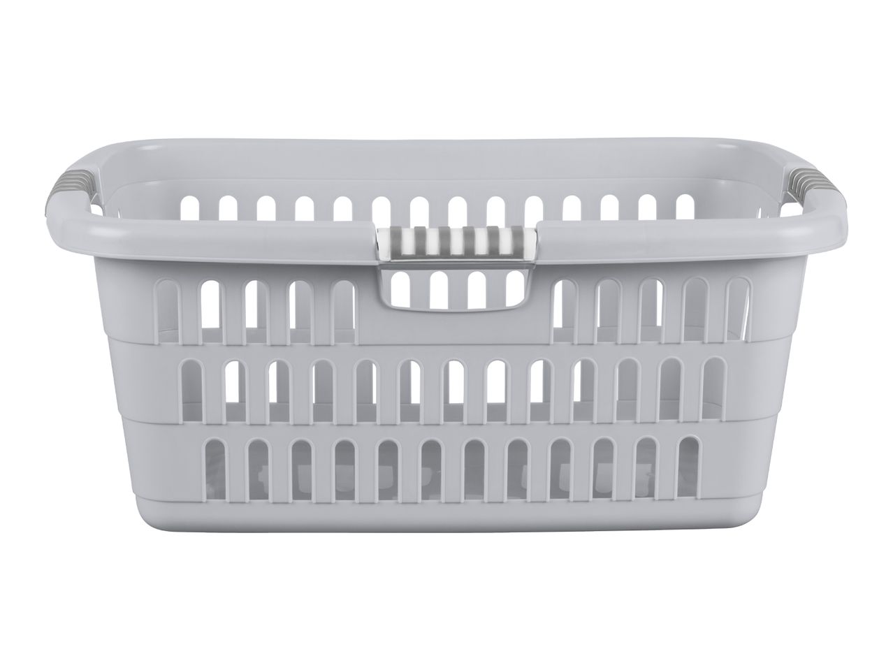 A gray plastic laundry basket with gray and white striped handles.