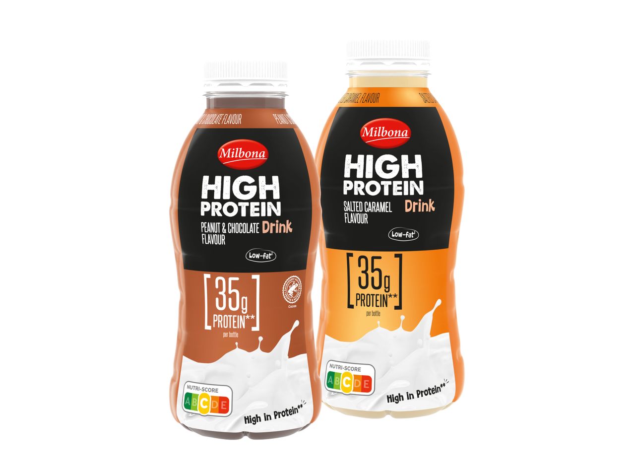 Dve steklenici Milbona High Protein pijače, ena z okusom arašidov in čokolade, druga s slano karamelo.