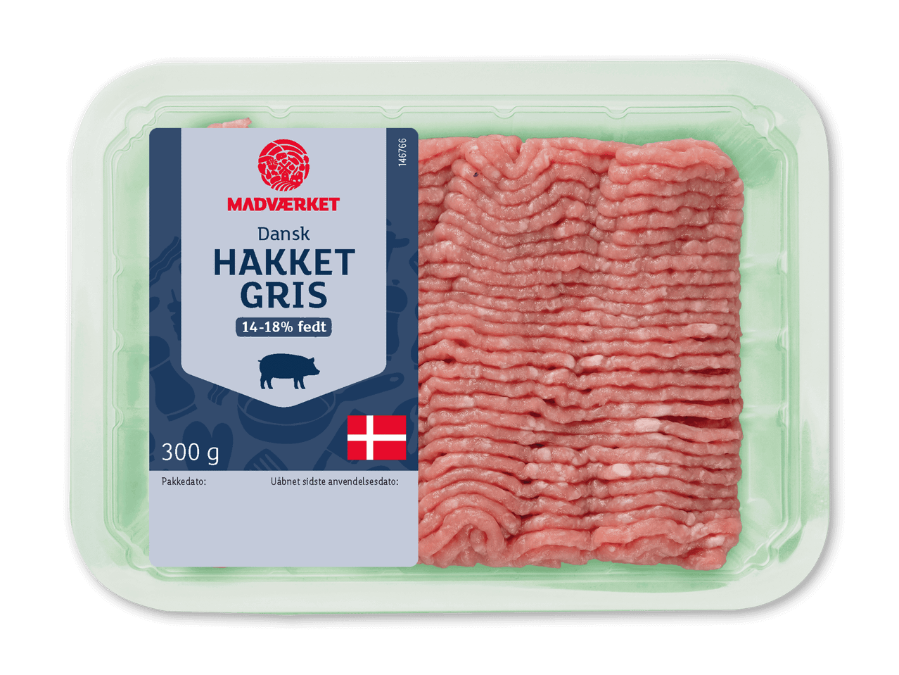 Pakke med hakket gris med 14-18% fedt, 300 g, med dansk flag.