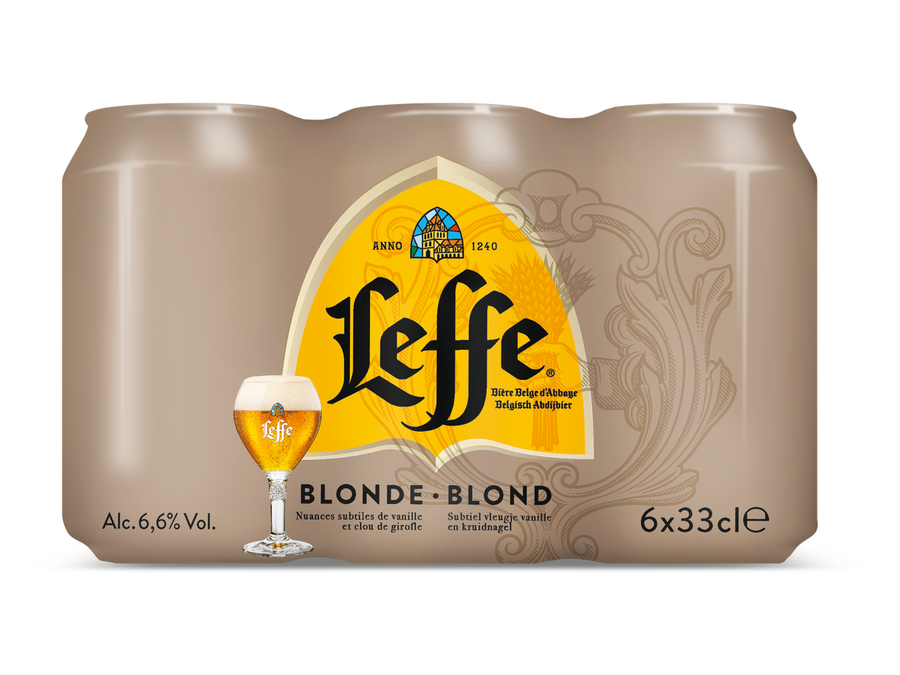 Een sixpack blond abdijbier met 6,6% alcohol, met hints van vanille en kruidnagel.