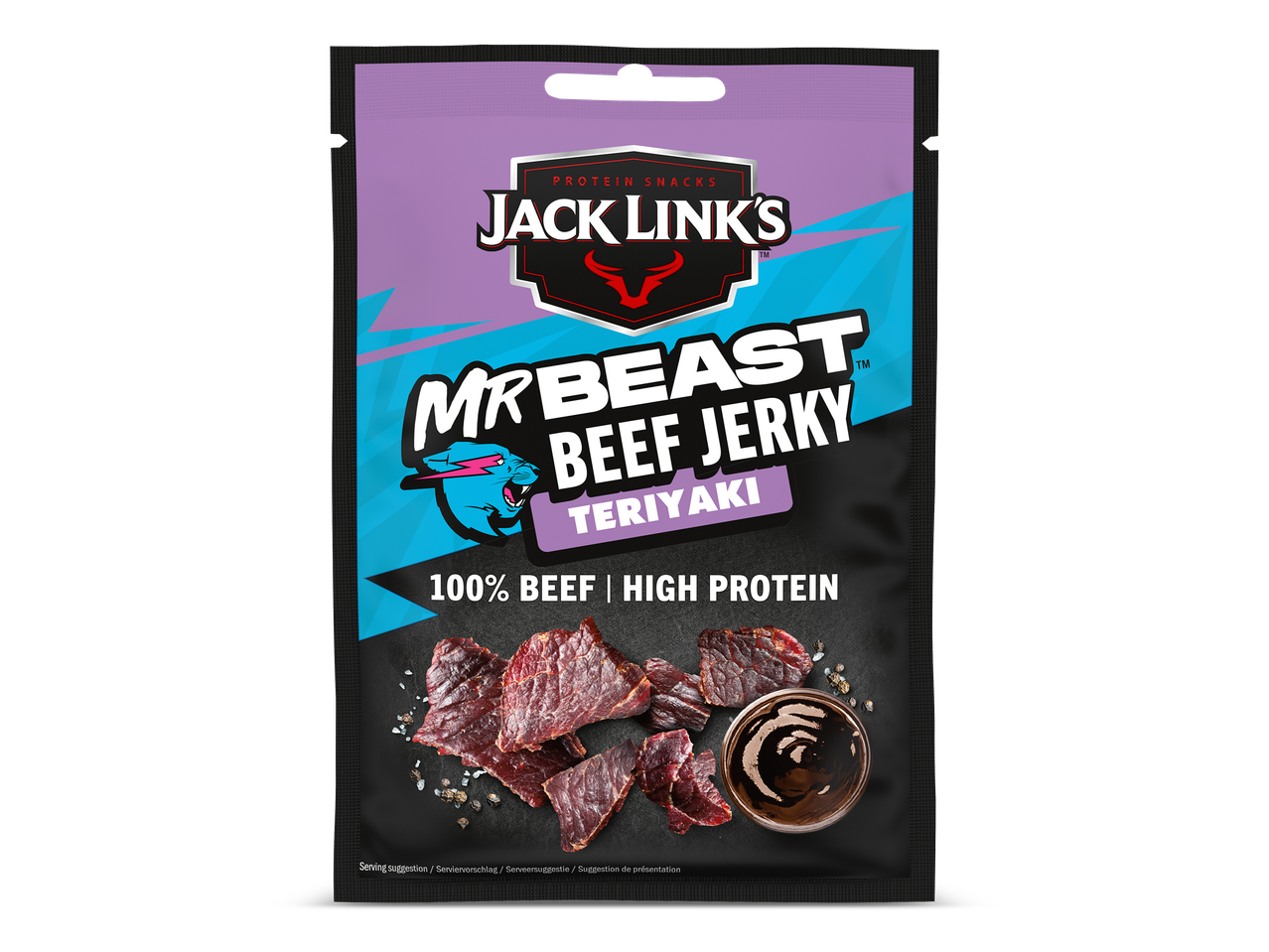 Paarse verpakking met teriyaki beef jerky, 100% rundvlees en veel eiwitten.