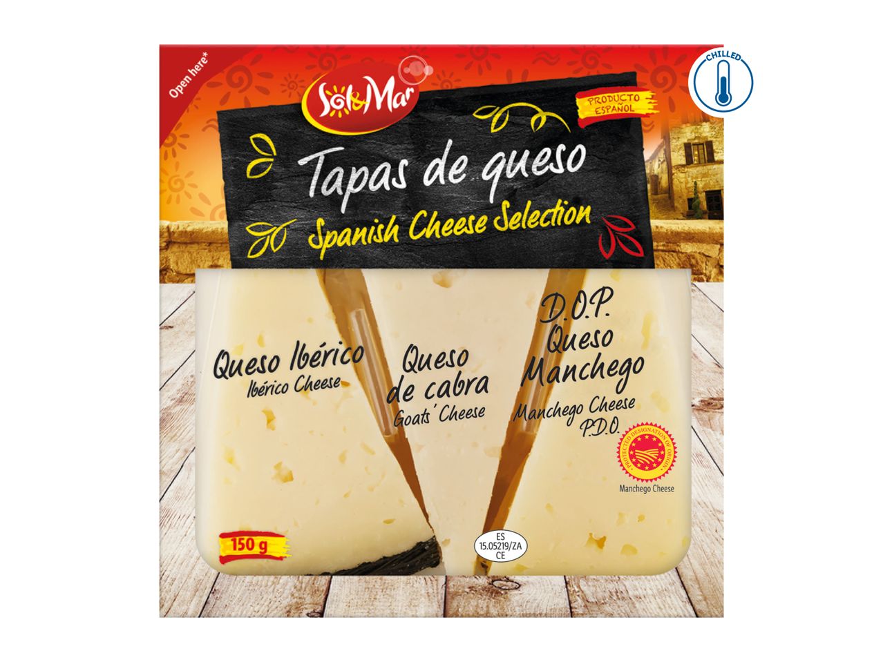 Spanish cheese selection with Ibérico, goat's, and Manchego cheeses, 150g, chilled.
