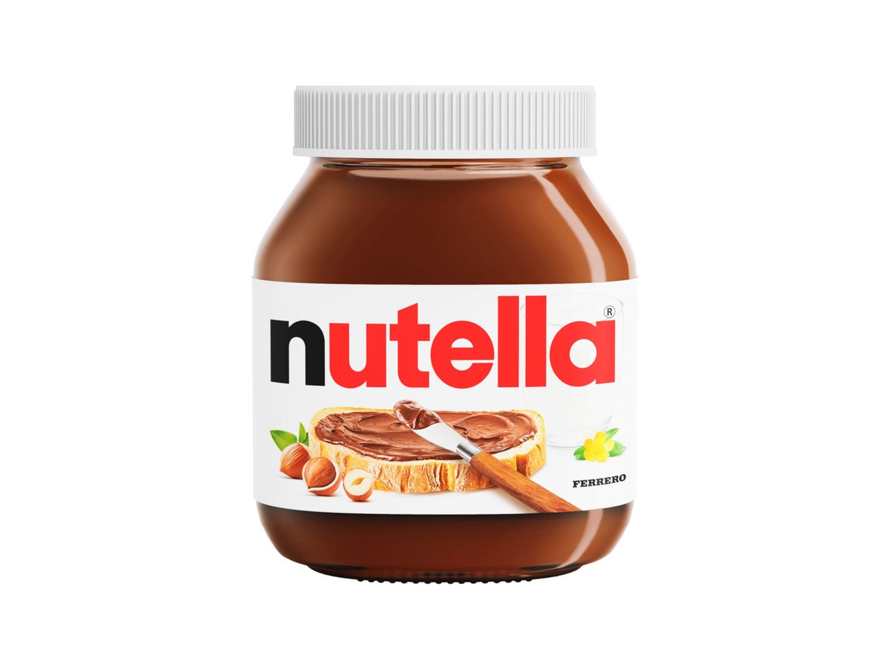 Jar of Nutella Ferrero with bread and hazelnuts.