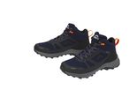 Two dark blue and black hiking boots with orange accents.