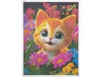 A diamond painting kit featuring a cute orange cat surrounded by colorful flowers.