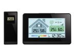 Digital indoor and outdoor thermometer and hygrometer with time display.