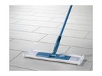 A blue Vileda mop with a white microfiber head cleans a white tiled floor.