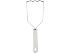 A white-handled stainless steel potato masher.