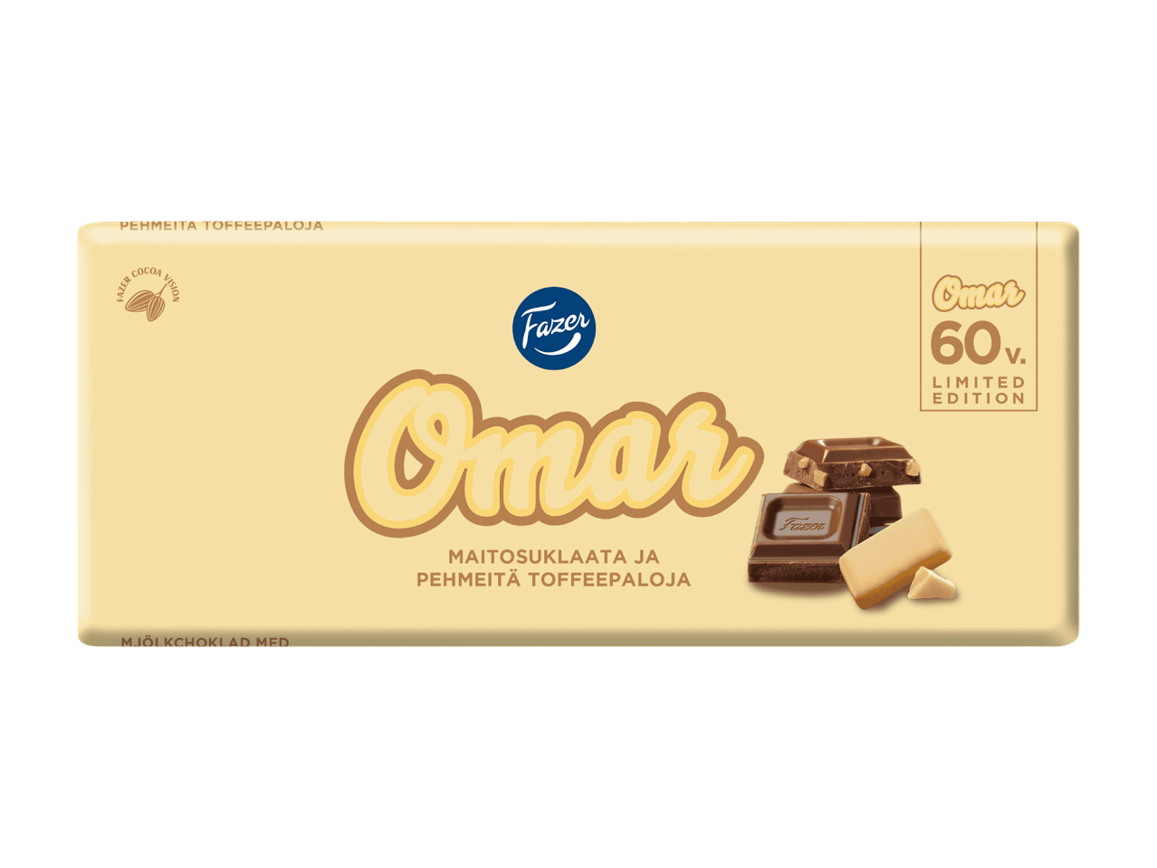 Omar-suklaalevy, jossa on maitosuklaata ja pehmeitä toffeepaloja, 60-vuotisjuhlapainos.
