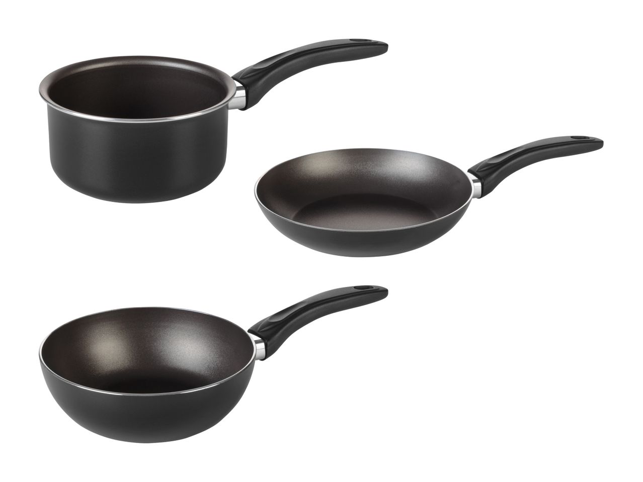 Drei schwarze Kochutensilien: Topf, Pfanne und Wok.