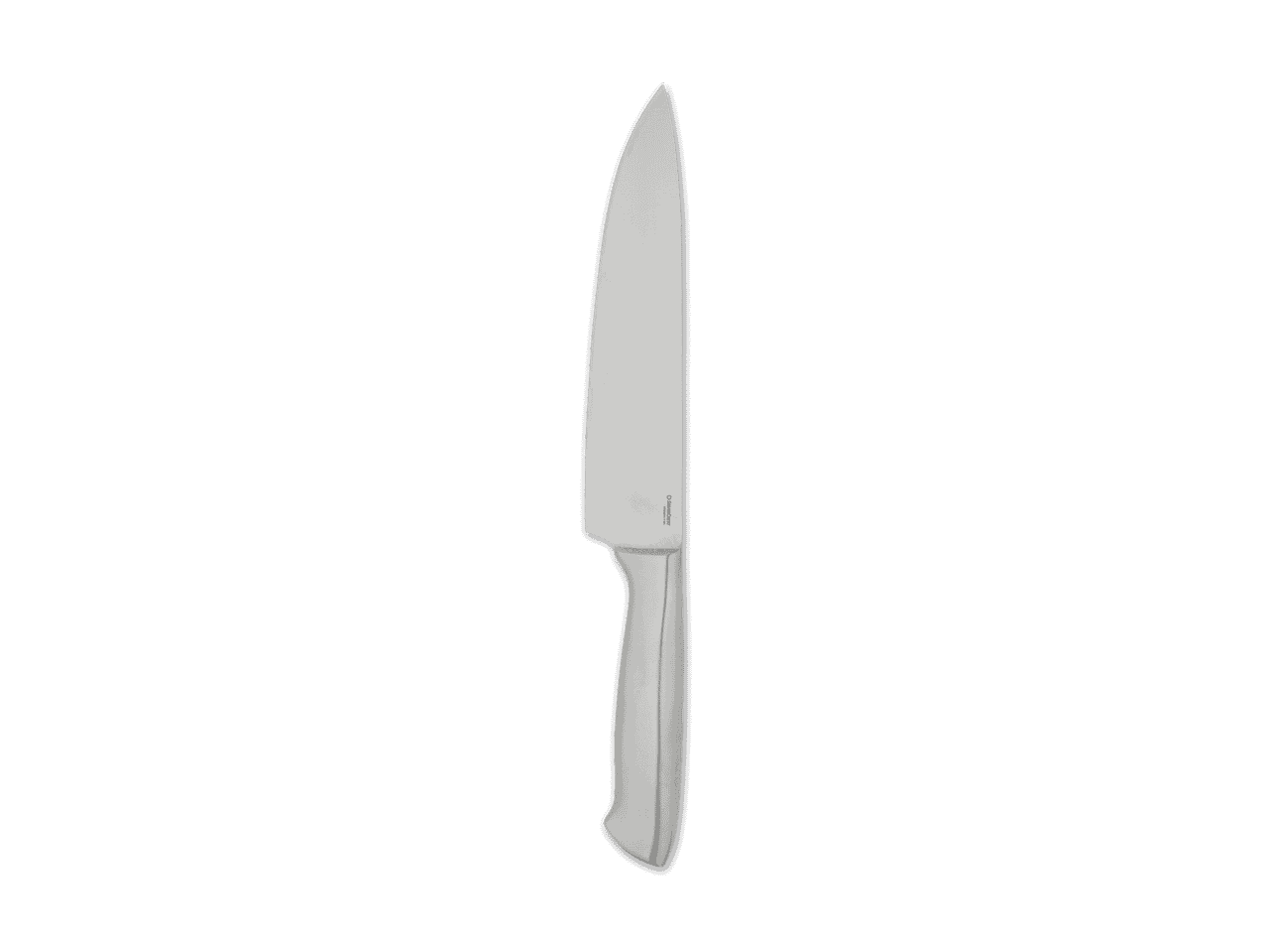 Ein silbernes Küchenmesser mit weißem Griff steht vor schwarzem Hintergrund.