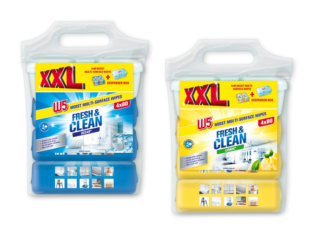 To pakker W5 XXL fugtige multi-overflade klude, en med 'Ocean' duft og en med 'Lemon' duft.