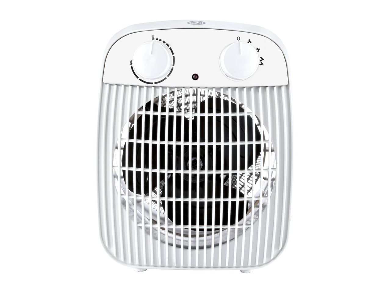 White electric fan heater with two control knobs and a red indicator light.