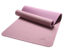 Pink CRIVIT yoga mat, partially rolled, with visible texture.