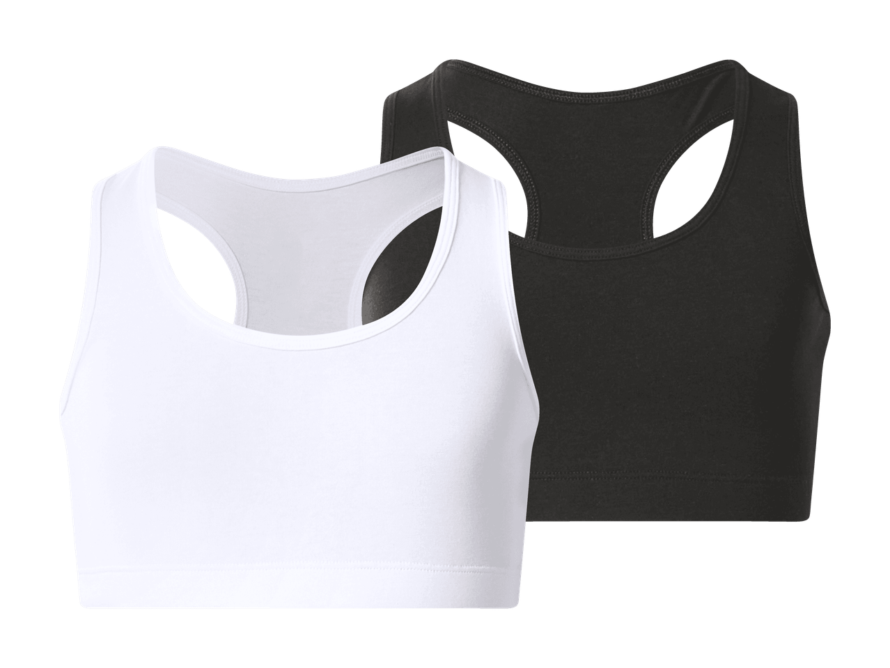 To sports-bh'er i hvid og sort med racerback-design.