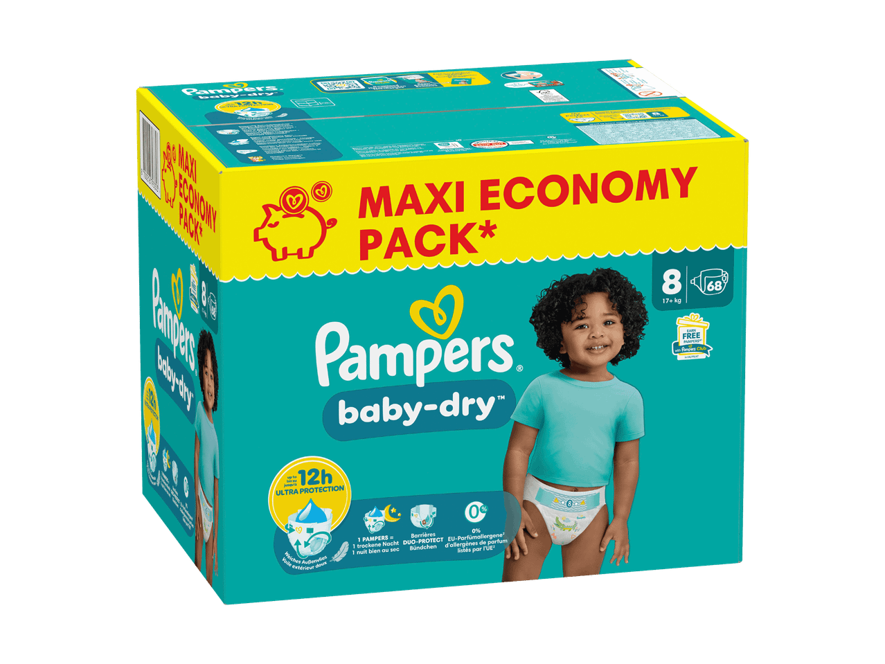 Pampers Baby-Dry Maxi Economy Pack Windelpackung mit einem lächelnden Kind.