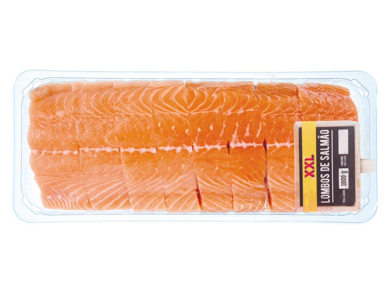 Uma embalagem com 1000g de filés de salmão XXL.