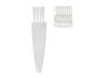 A white cleaning brush and a translucent comb attachment for an electric razor.