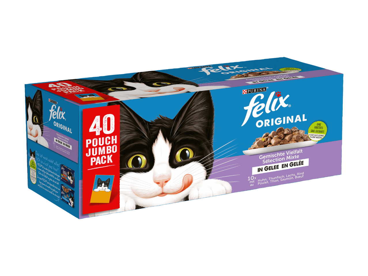 Eine Packung Felix Original Katzenfutter mit 40 Beuteln in Gelee, Geschmacksrichtung gemischte Vielfalt.
