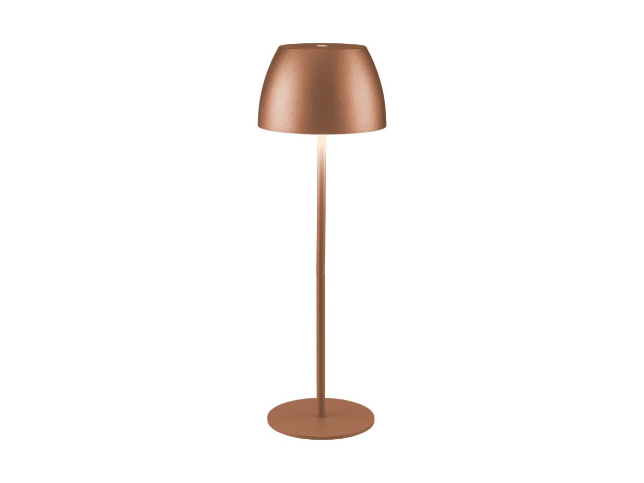 Kobberfarvet gulvlampe med en konisk lampeskærm og en rund base.