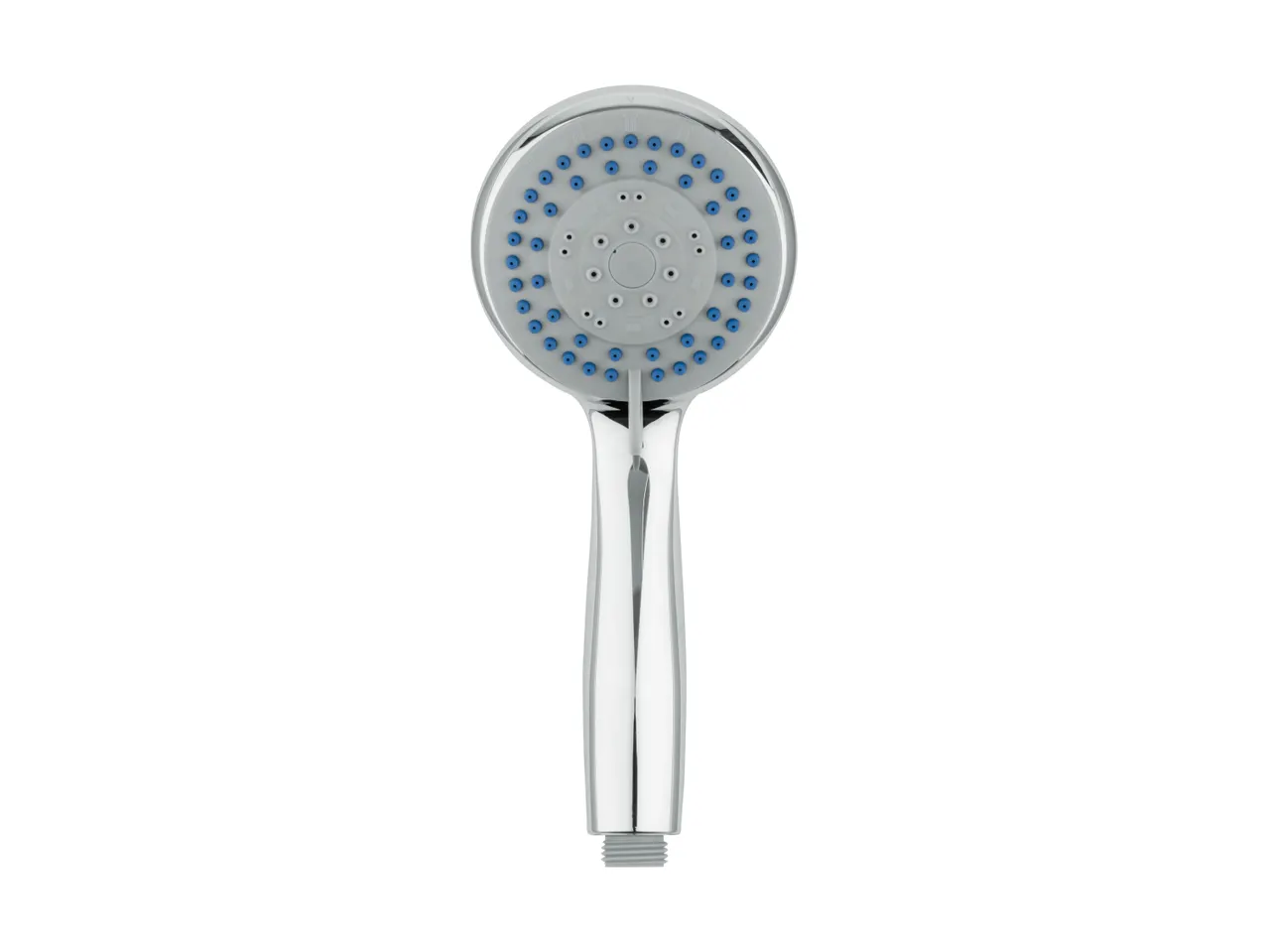 A chrome shower head with a circular spray face.