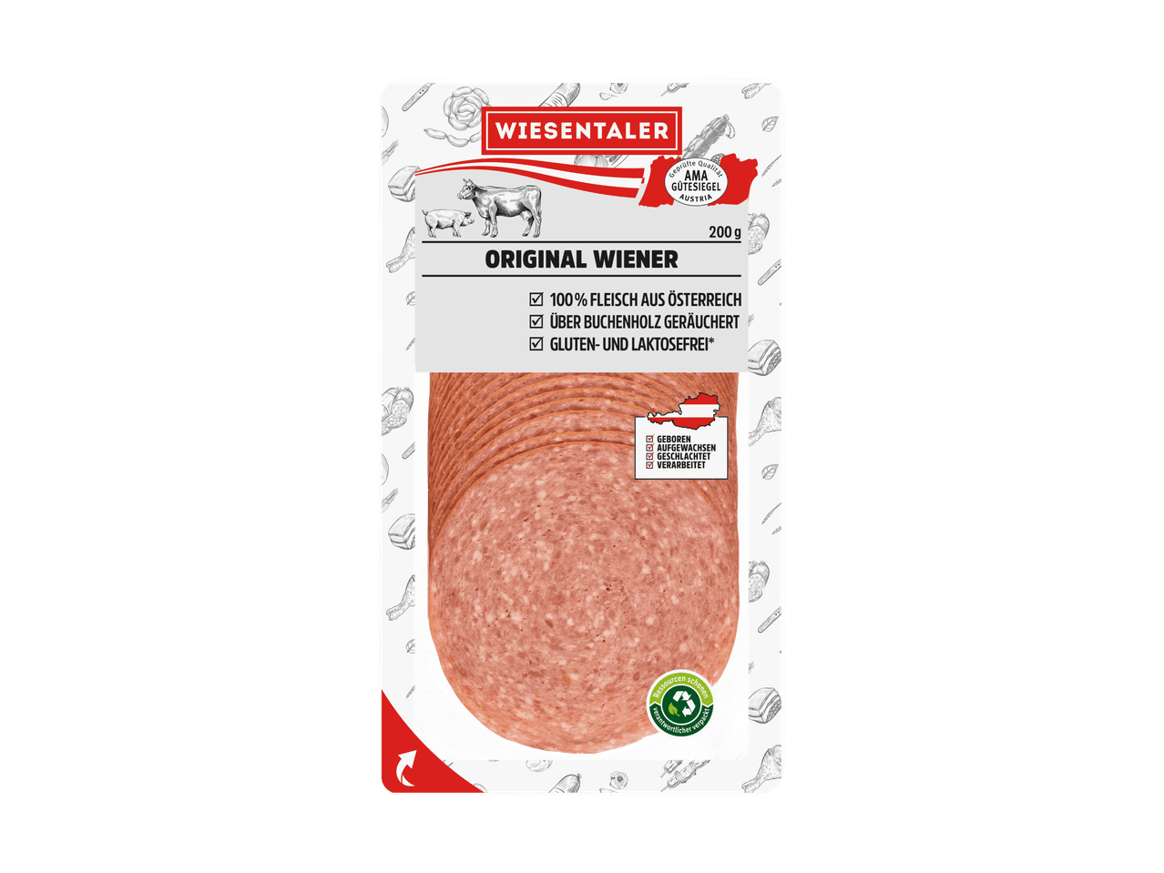 Wiesentäler Original Wiener: 200g dünn geschnittene, über Buchenholz geräucherte Wiener aus österreichischem Fleisch.