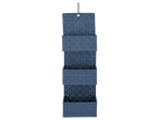 Uma unidade de armazenamento azul montada na parede com quatro compartimentos.